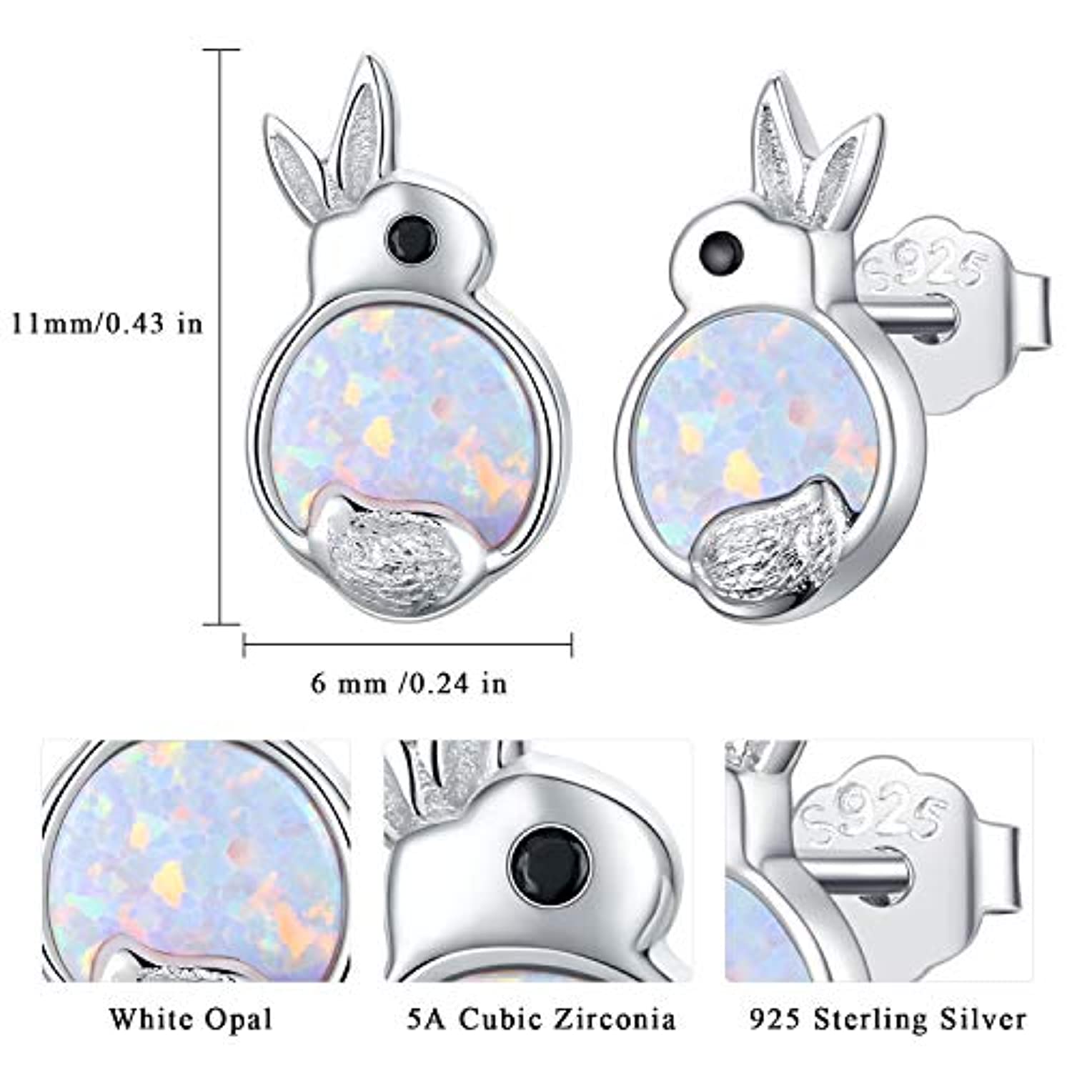 S925 Sterling Silver Opal Rabbit Stud Earrings for Women