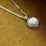 925 Sterling Silver White Fire Opal and CZ Halo Heart Necklace Jewely For Women Girls