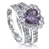 Rhodium Plated Sterling Silver Purple Heart Shaped Cubic Zirconia CZ Statement Halo Engagement Wedding Ring Set