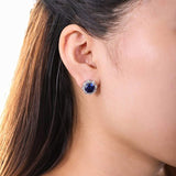 Rhodium Plated Sterling Silver Simulated Blue Sapphire Round Cubic Zirconia CZ Halo Anniversary Wedding Stud Earrings