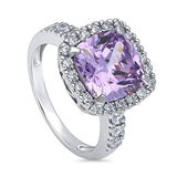 Rhodium Plated Sterling Silver Purple Cushion Cut Cubic Zirconia CZ Statement Halo Cocktail Fashion Right Hand Ring
