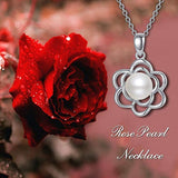 925 Sterling Silver Rose Flower Pendant Necklace with 7-8mm Handpicked White Freshwater Pearl Necklace for Women Teen Girls