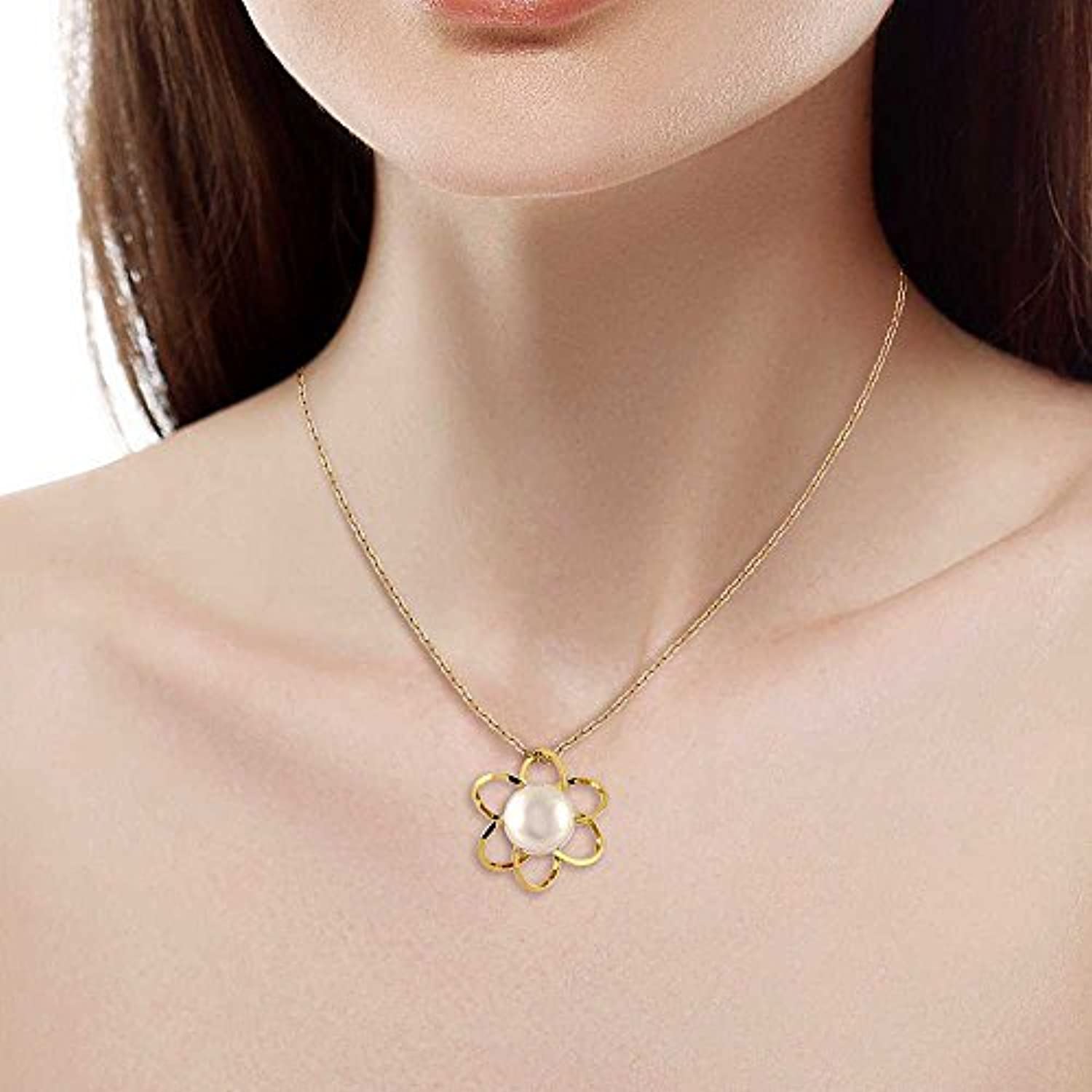 Yellow Gold Plated Cream Colored Cultured Freshwater Pearl Flower Pendant Necklace (8MM Round, with 18 Inch Chain)