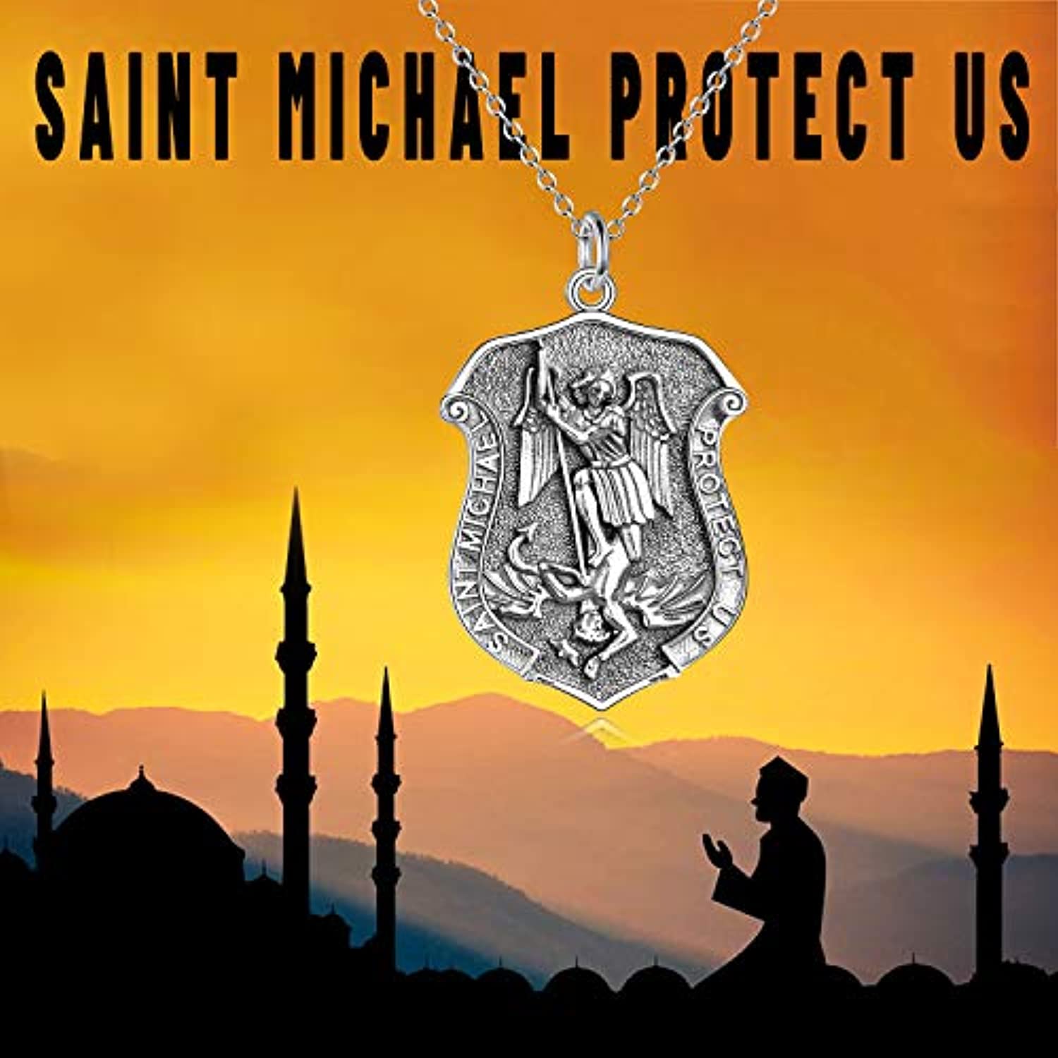 Saint Christopher Protect Pendant Necklace 925 Sterling Silver Religious Engraved Medallion Pendant Necklace Jewelry