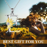 Sterling Silver Sunflowers Initial Alphabet Letter E Pendant  Necklace for Women Girls
