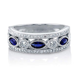 Rhodium Plated Sterling Silver Simulated Blue Sapphire Cubic Zirconia CZ Statement Art Deco Anniversary Wedding Half Eternity Band Ring