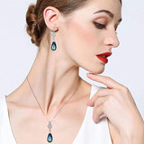 925 Sterling Silver CZ Teardrop Chandelier Pendant Adjustable Necklace Earrings Set Bermuda Blue Adorned with crystals