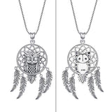 Dream Catcher Necklace for Women,  Sterling Silver Owl Pendant with Feather and Cubic Zirconia, Oxidized Technology Special Effect - Lucky Amulet Jewelry Gift Ideas