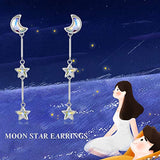 Moon Star Earrings 925 Sterling Silver Long Drop Earrings with Moon Star Crystal Dangle Jewelry Gifts for Teenager Girls Women Men Holiday