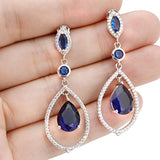 925 Sterling Silver CZ September Birthstone Tear Drop Chandelier Earrings Sapphire Color