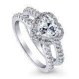 Rhodium Plated Sterling Silver Heart Shaped Cubic Zirconia CZ Halo Engagement Ring