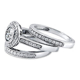 Rhodium Plated Sterling Silver Round Cubic Zirconia CZ Statement Halo Engagement Wedding Ring Set