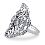 Rhodium Plated Sterling Silver Cubic Zirconia CZ Statement Art Deco Filigree Cocktail Fashion Right Hand Ring