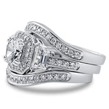 Rhodium Plated Sterling Silver Round Cubic Zirconia CZ Art Deco Halo Engagement Wedding Ring