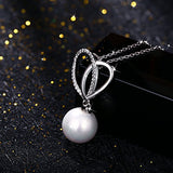 Womens Fashion 925 Sterling Silver Heart Design Single Round White Simulated Shell Pearl Pendant Necklace