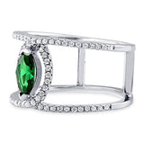 Rhodium Plated Sterling Silver Green Cubic Zirconia CZ Open Bar Fashion Right Hand Ring