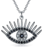 Black Cubic Zirconia CZ Open Evil Eye With Lashes Necklace For Women For Teen 925 Sterling Silver 16 Inch