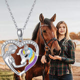 Horse Rainbow Pendant Necklace Jewelry Gifts for Women Girls Silver Lucky Horse in Heart Necklace Embrace Horse Necklace for Cowgirls Equestrian Birthday Mother's Day Gift