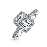 2CT Emerald Cut Cubic Zirconia Thin Pave Band Halo CZ Deco Style 925 Sterling Silver Engagement Promise Ring For Women