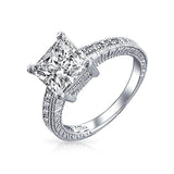 3CT Princess Cut Square Solitaire Milgrain Pave Band Princess Cut AAA CZ Engagement Ring For Women 925 Sterling Silver