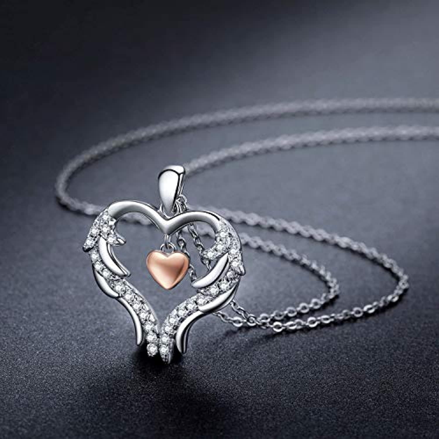 Angel Wings Necklace Heart Necklace S925 Sterling Silver Love Heart Pendant Romantic Jewelry Gifts with Gift Box for Women Girls Anniversary Wedding