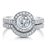 Rhodium Plated Sterling Silver Round Cubic Zirconia CZ Halo Engagement Wedding Ring Set