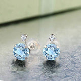 14K  Gold Sky Blue Aquamarine and White Created Sapphire Stud Earrings For Women