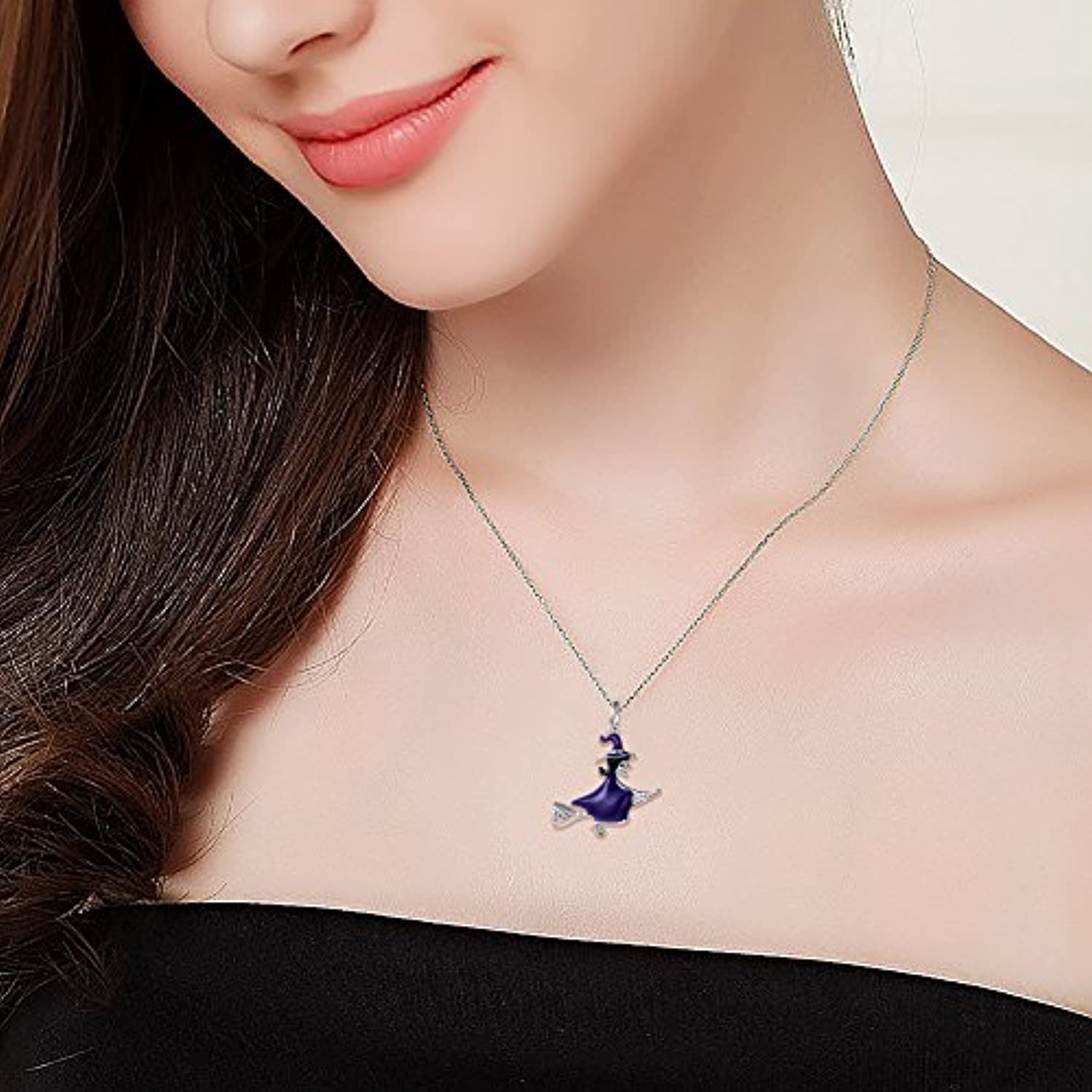 925 Sterling Silver Halloween Jewelry Witch On Flying Broom Pendant  Necklace for Women Teen Girls Birthday Gift, 18