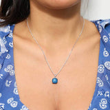 Rhodium Plated Sterling Silver Blue Cubic Zirconia Milgrain Square  Pendant Necklace