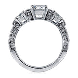 Rhodium Plated Sterling Silver Round Cubic Zirconia CZ 3-Stone Art Deco Milgrain Promise Engagement Ring