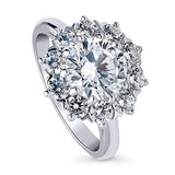 Rhodium Plated Sterling Silver Round Cubic Zirconia CZ Statement Flower Halo Engagement Ring