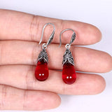 Wedding Jewelry 925 Sterling Silver Red Corundum Crystal Vintage Style Leaf Teardrop Hook Dangle Earrings