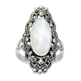 925 Sterling Silver 30 mm Filigree Genuine Marcasite and Natural Mother of Pearl Ring
