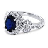 Rhodium Plated Sterling Silver Simulated Blue Sapphire Oval Cut Cubic Zirconia CZ Statement Solitaire Woven Engagement Ring