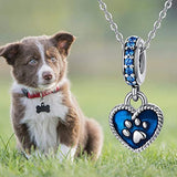 Dog Paw Pendant, Heart Lock Shape Cute Dog Paw Print Bead Pendant in Sterling Silver with Blue Zircon Can be Used in Beaded Bracelet and Necklace