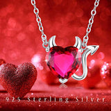 925 Sterling Silver Red horns and tail Necklace for Women Heart Pendant CZ Halloween Necklace