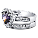 Rhodium Plated Sterling Silver Simulated Amethyst Heart Shaped Cubic Zirconia CZ Statement Halo Engagement Wedding Ring Set
