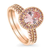Rhodium and Rose Gold Plated Sterling Silver Halo Engagement Wedding Ring Set Made with Zirconia Morganite Color Oval Cut