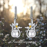 Sunflower Daisy Earrings for Women 925 Sterling Silver Flower Dangle Drop Earrings with 5-6mm Handpicked White Freshwater Cultured Pearl Earrings for Teen Girls Birthday