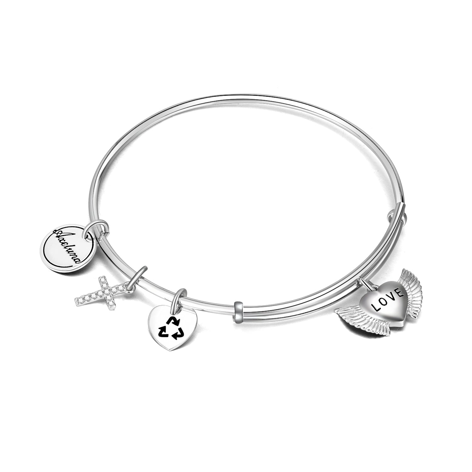 Bangle Design with Heart Wings Zirconia Cross and Engraved Round Disc