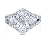 Rhodium Plated Sterling Silver Cubic Zirconia CZ Art Deco Cocktail Fashion Right Hand Split Shank Ring