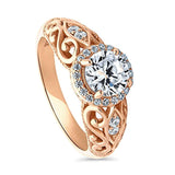 Rose Gold Plated Sterling Silver Round Cubic Zirconia CZ Art Deco Halo Milgrain Engagement Ring