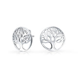 Tiny Round Circle Family Tree Of Life Stud Earrings For Women Teen Wishing Tree Rose Gold Plated 925 Sterling Silver