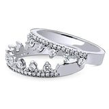 Rhodium Plated Sterling Silver Cubic Zirconia CZ Stackable Sawtooth Fashion Right Hand Ring Set