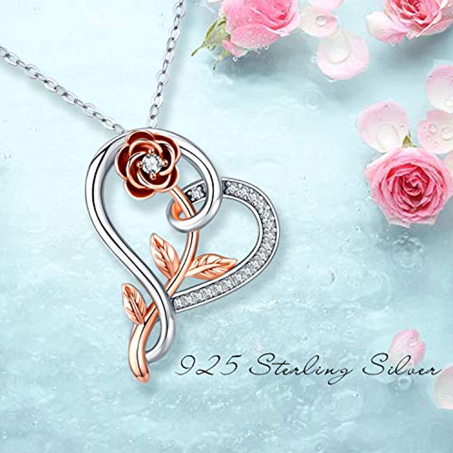 Sterling Silver Rose Flower Love Heart Pendant Necklace Jewelry Gifts for Women