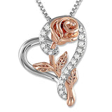 Silver Rose Flower Cubic Zirconia Love Heart Pendant Necklace 