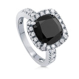 Rhodium Plated Sterling Silver Black Cushion Cut Cubic Zirconia CZ Statement Halo Cocktail Fashion Right Hand Ring