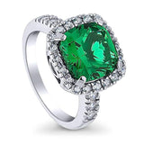 Rhodium Plated Sterling Silver Cushion Cut Green Cubic Zirconia CZ Halo Cocktail Ring