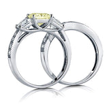 Rhodium Plated Sterling Silver Canary Yellow Princess Cut Cubic Zirconia CZ Statement 3-Stone Anniversary Engagement Wedding Ring Set