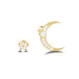 14K Yellow Gold Plated 925 Sterling Silver Cubic Zirconia CZ Crescent Moon and Star Dainty Small Tiny Asymmetric Stud Earrings Jewelry